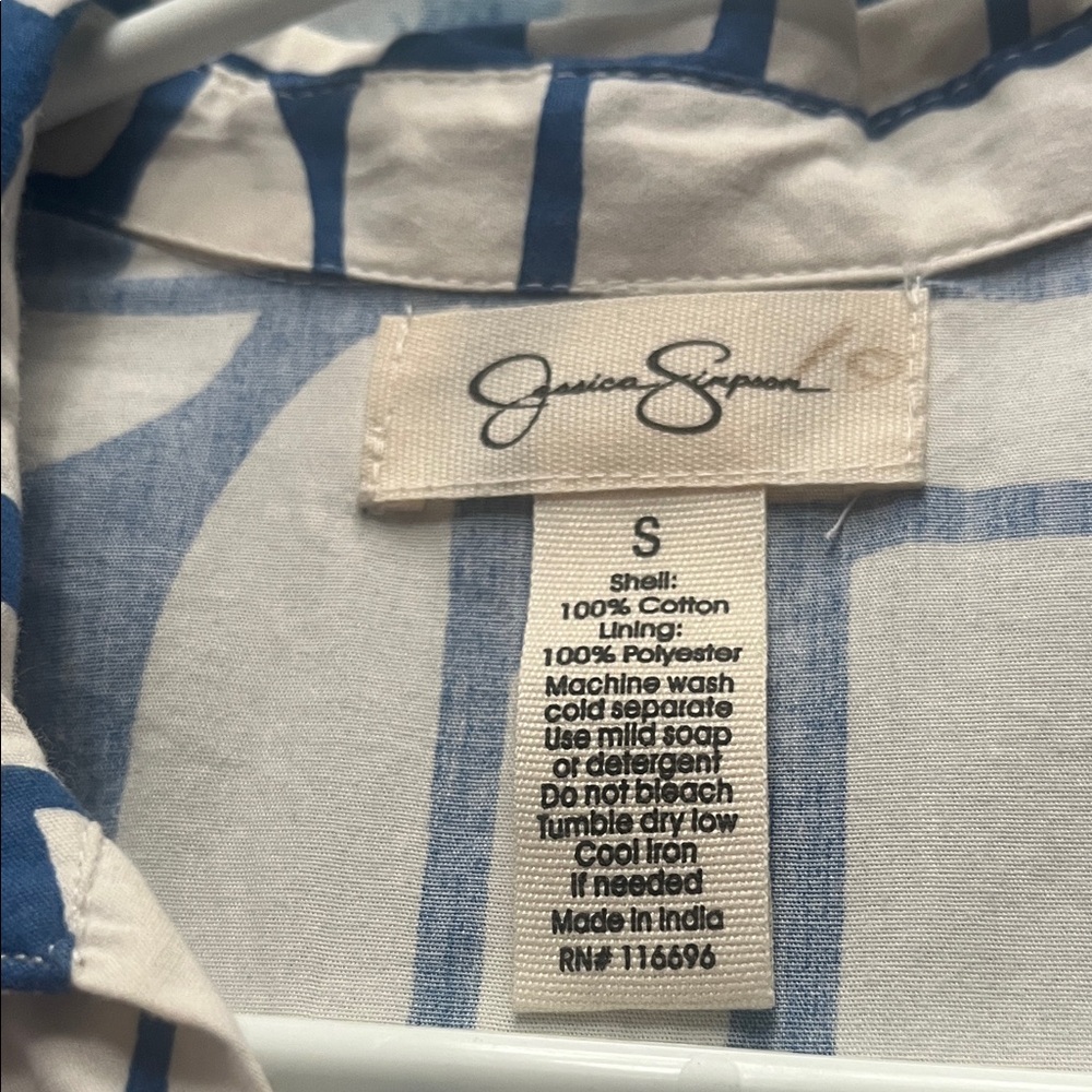 Jessica Simpson Blue and White Geometric Button-Down Mini Dress - Picture 2 of 4
